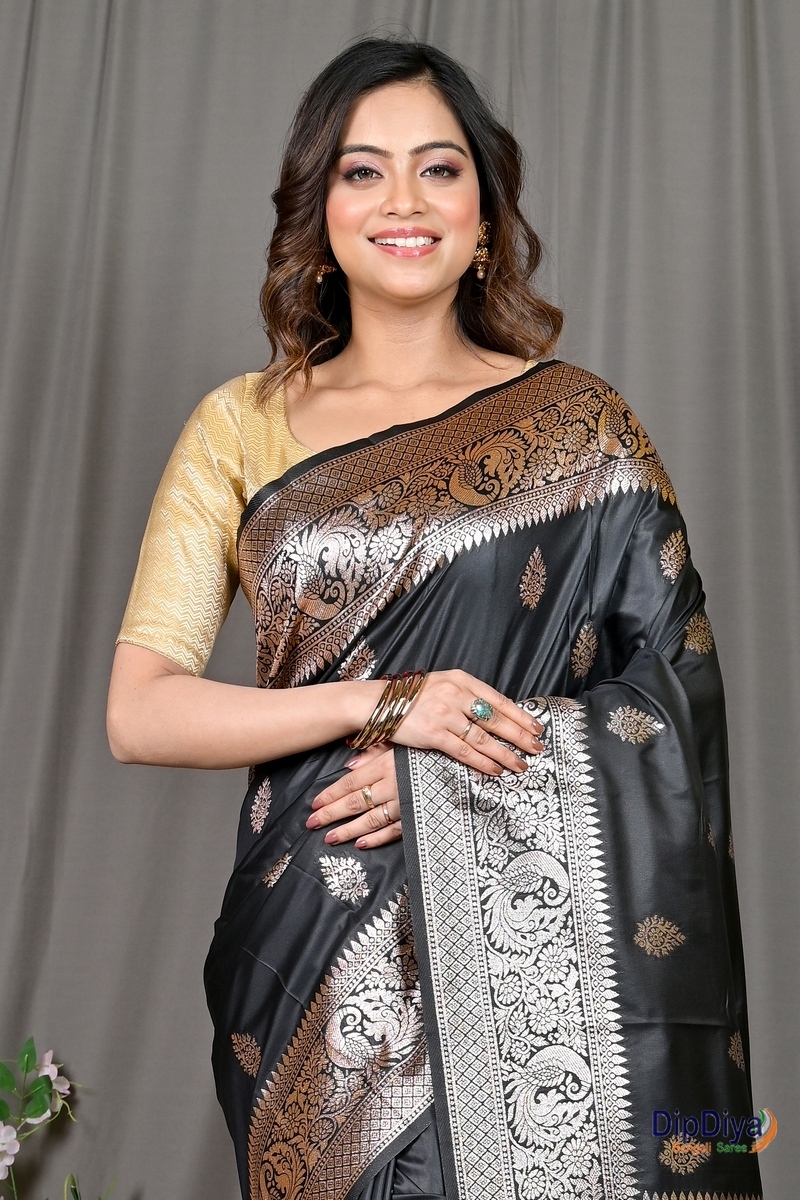 Black Cotton Silk Paromal Kathan Saree (491)